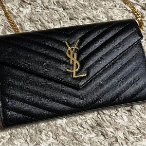 Yves Saint Laurent Black Quilted Clutch with Gold Chain